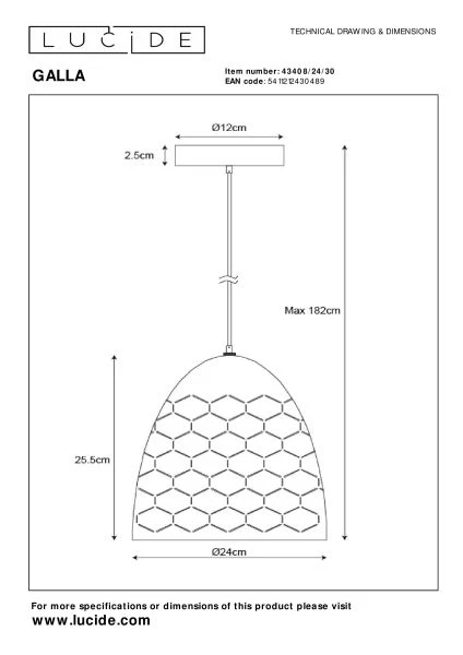 Lucide GALLA - Hanglamp - Ø 25 cm - 1xE27 - Zwart - technisch